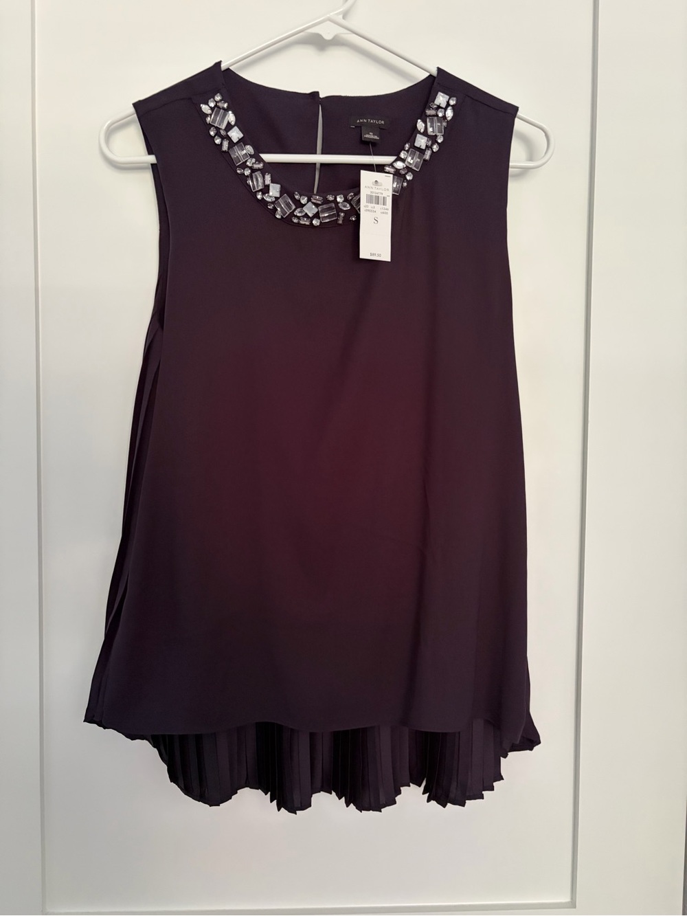 Ann Taylor Jeweled Neck Sleeveless Pleated-Hem Top - black